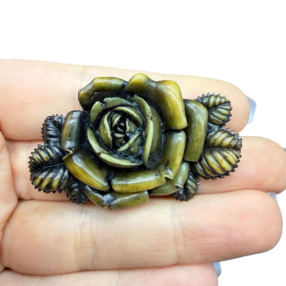 Vintage Green Carved Bakelite Rose Flower Brooch Pin